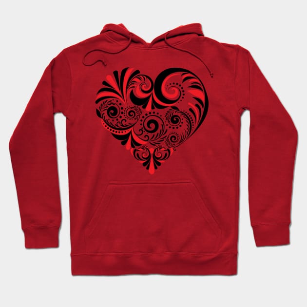 Red black Folk Floral Heart Hoodie by AnnArtshock